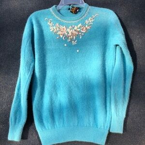 Vintage sky blue with embroidery angora sweater size S